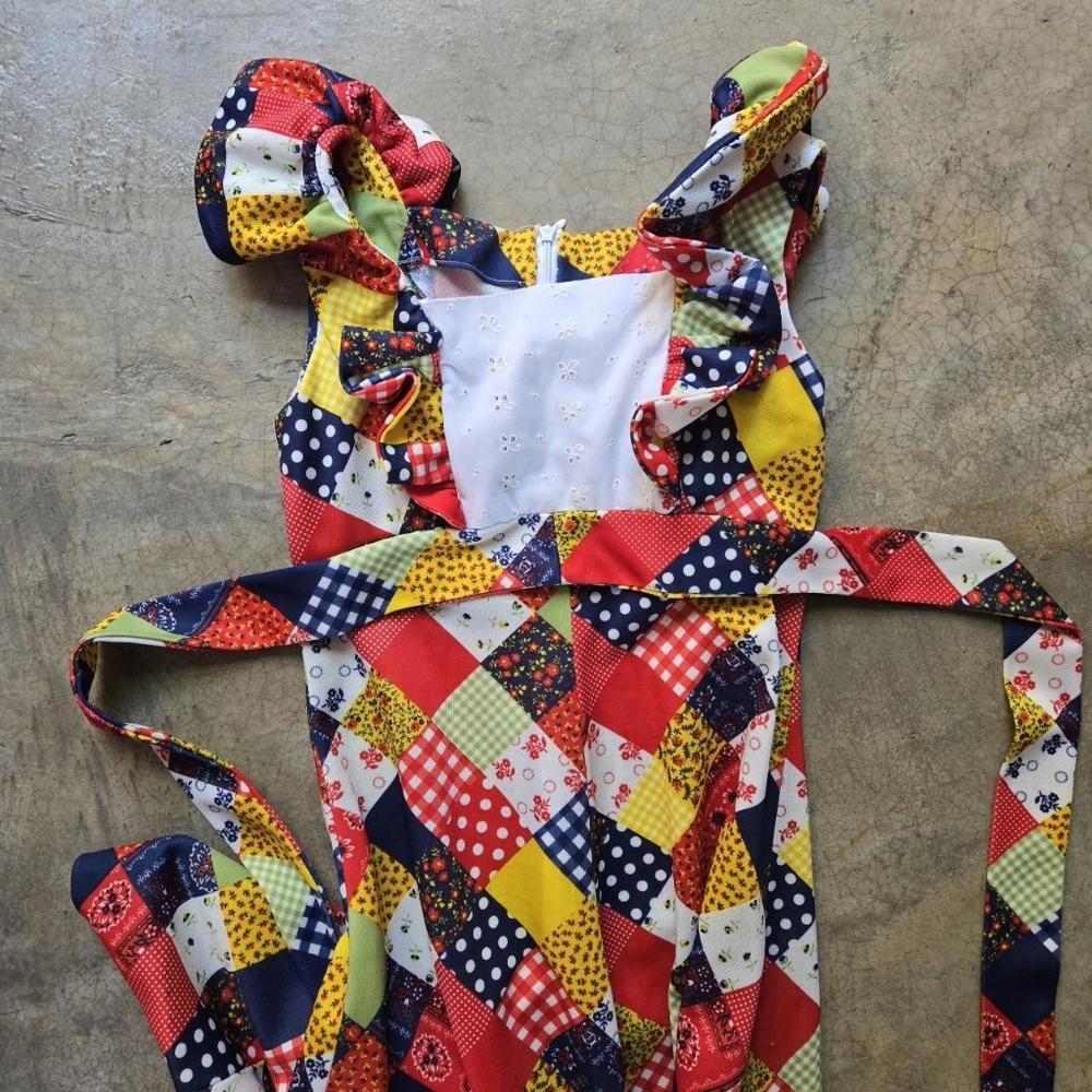 Vintage 70s Polyester Patchwork Pinafore Dress Xs - image 4